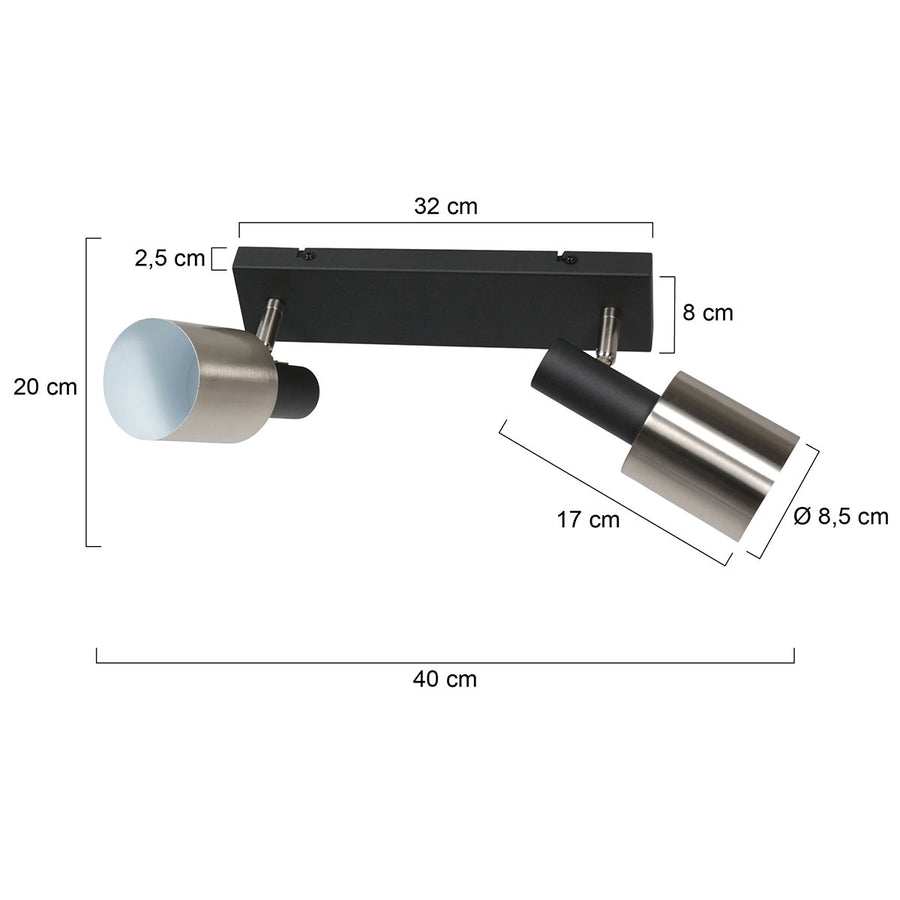 Plafondlamp fjorgard 4849zw - 2-lichts spot in zwart met metaal