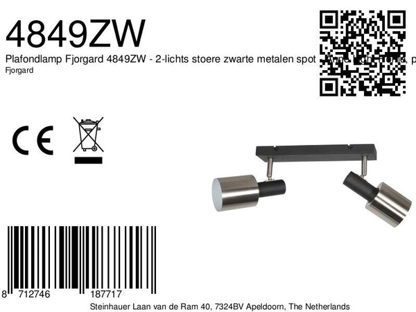 Plafondlamp fjorgard 4849zw - 2-lichts spot in zwart met metaal