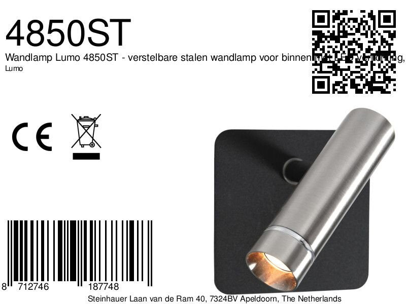 Wandspot lumo 4850st - verstelbare stalen wandlamp voor sfeer