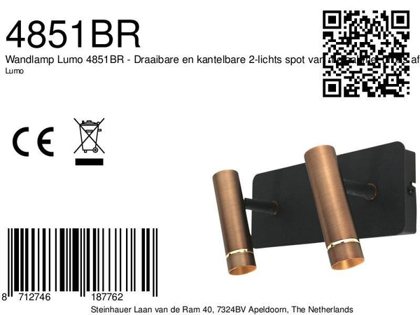 Wandlamp lumo 4851br - 2 lichts spot met warme bronzen accenten