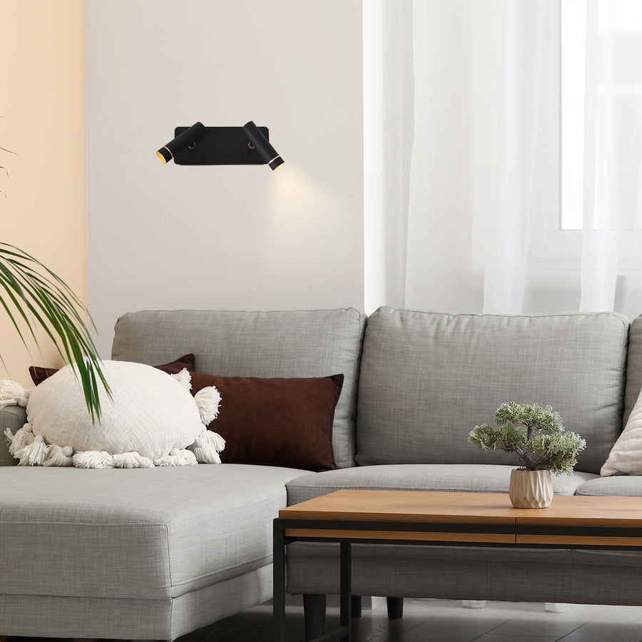 Wandlamp lumo 4851zw - 2 lichts zwarte wandspot met subtiel goudaccent