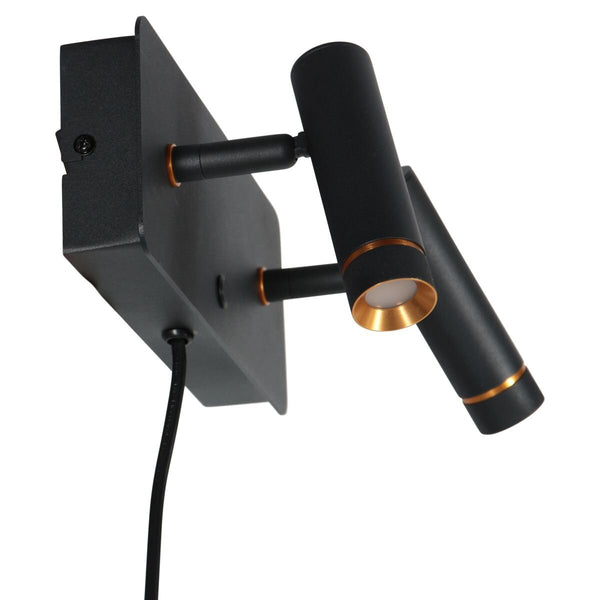 Wandlamp lumo 4851zw - 2 lichts zwarte wandspot met subtiel goudaccent