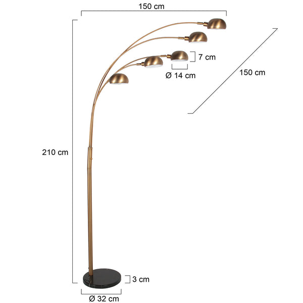Bronzen vloerlamp pentra 4855br, 5-lichts met marmeren voet