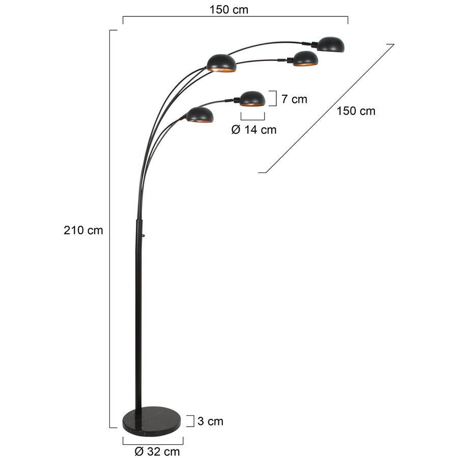 Zwarte vloerlamp pentra 4855zw, 5-lichts met marmeren voet