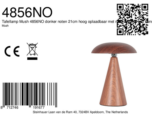 Tafellamp mush 4856no donker noten en oplaadbaar met magnetische kap