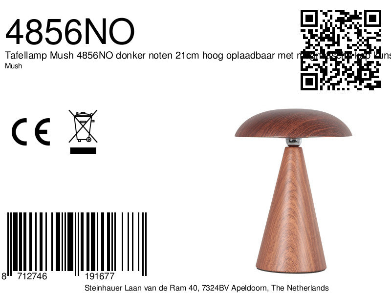 Tafellamp mush 4856no donker noten en oplaadbaar met magnetische kap