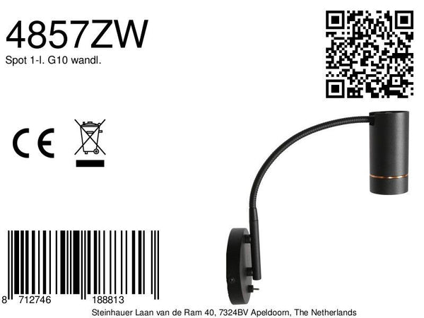 Zwarte wandlamp downlume 4857zw, flexibel gu10 spot design