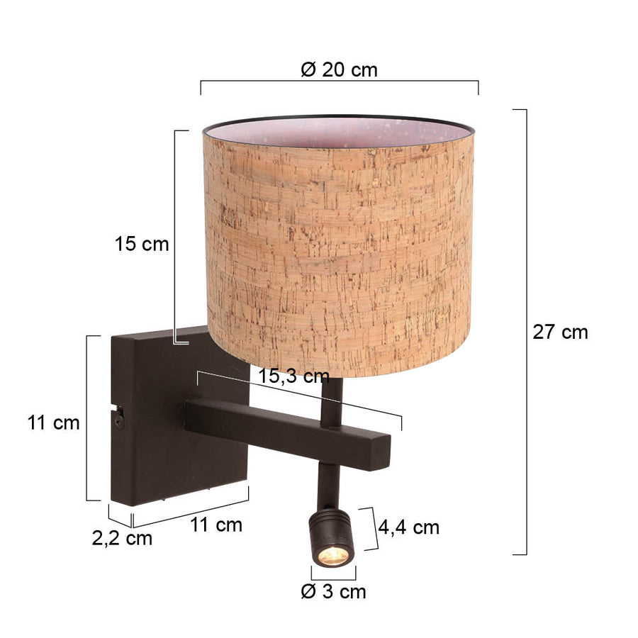 Wandlamp stang 4868ca met beige kurk kap en leeslicht