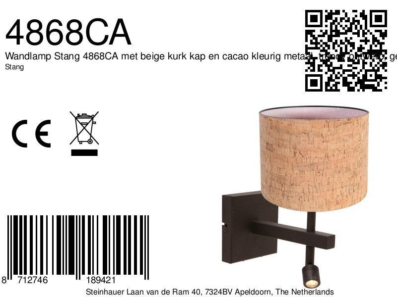 Wandlamp stang 4868ca met beige kurk kap en leeslicht