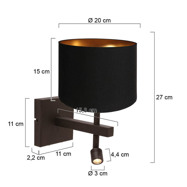 Wandlamp stang 4869ca met zwart linnen kap en leeslicht