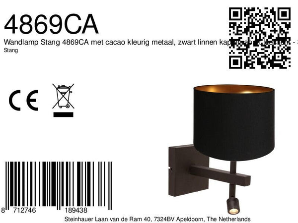 Wandlamp stang 4869ca met zwart linnen kap en leeslicht