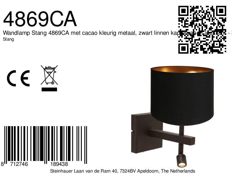 Wandlamp stang 4869ca met zwart linnen kap en leeslicht