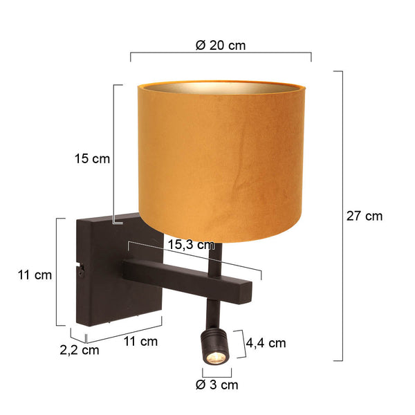 Wandlamp stang 4870ca met gouden velours kap en leeslicht