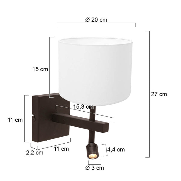 Wandlamp stang 4871ca met wit linnen kap en leeslicht