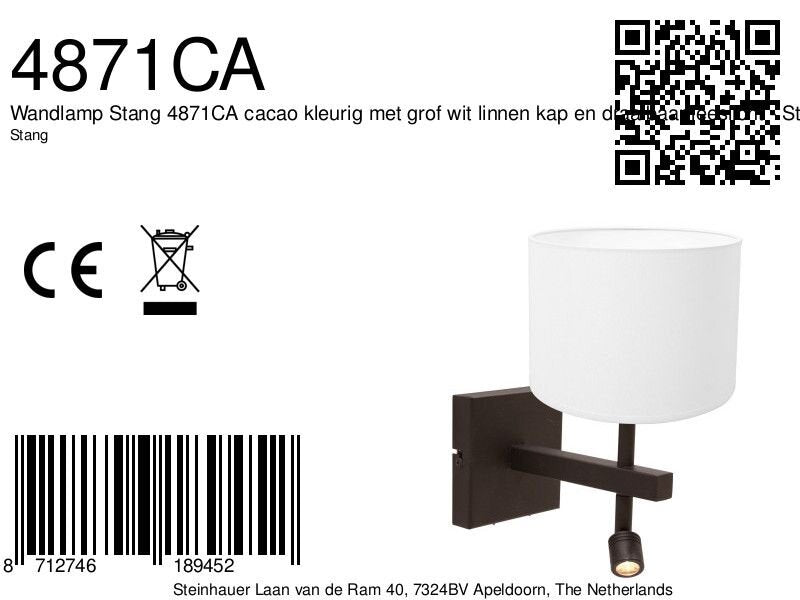 Wandlamp stang 4871ca met wit linnen kap en leeslicht