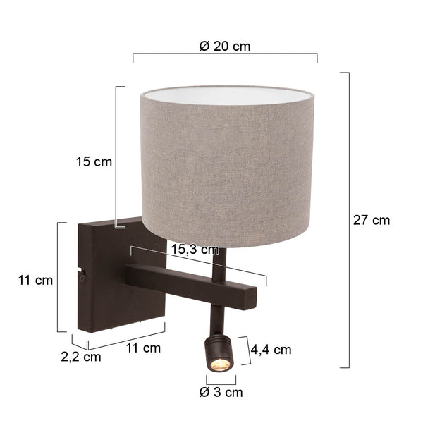 Wandlamp stang 4872ca met grijze linnen kap en leeslicht