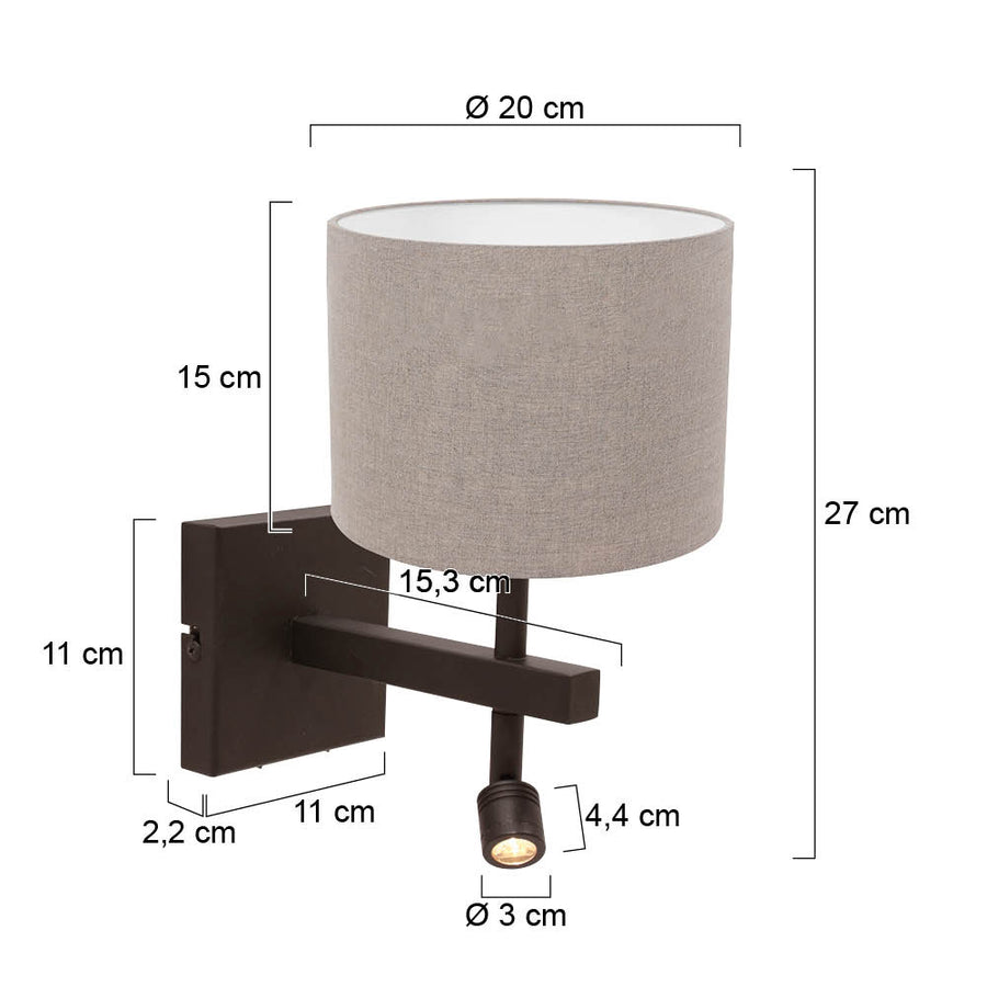 Wandlamp stang 4872ca met grijze linnen kap en leeslicht