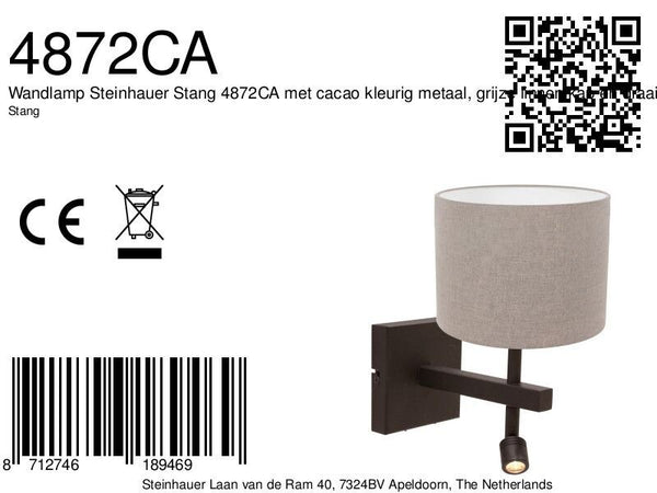 Wandlamp stang 4872ca met grijze linnen kap en leeslicht
