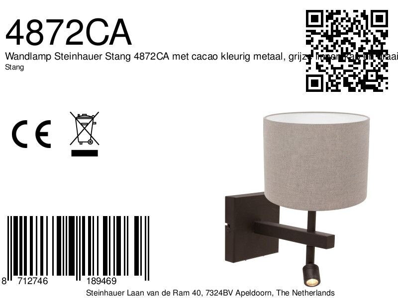 Wandlamp stang 4872ca met grijze linnen kap en leeslicht