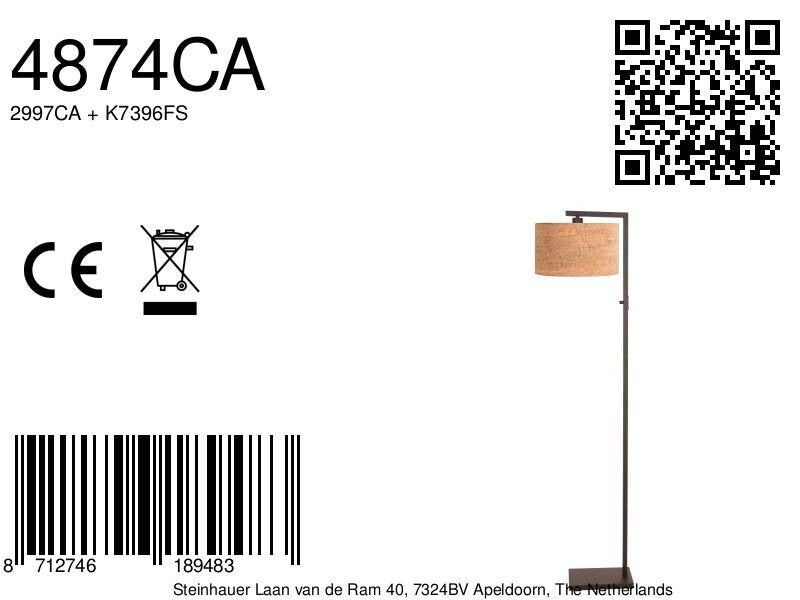 Cacao vloerlamp stang 4874ca met schakelaar en beige kurkstructuur kap