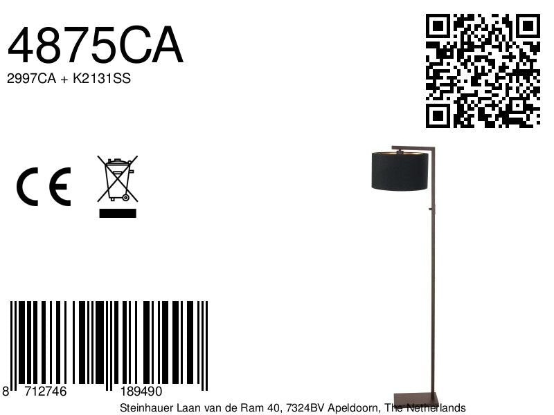 Cacao vloerlamp stang 4875ca met schakelaar en zwarte linnen kap