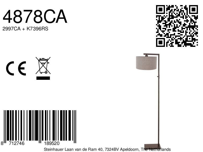 Cacao vloerlamp stang 4878ca met schakelaar en grof grijs linnen kap