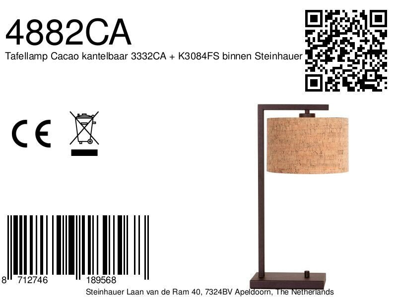Cacao tafellamp stang 4882ca met beige kurkstructuur kap