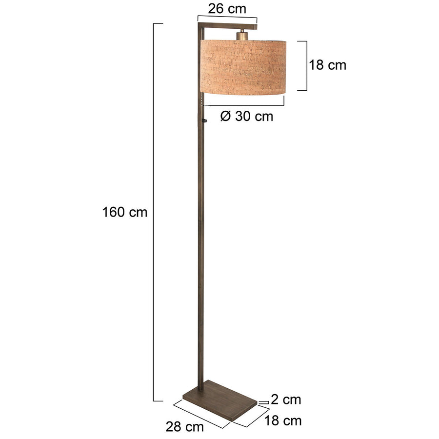 Bronzen vloerlamp stang 4894br met schakelaar en beige kurkstructuur kap