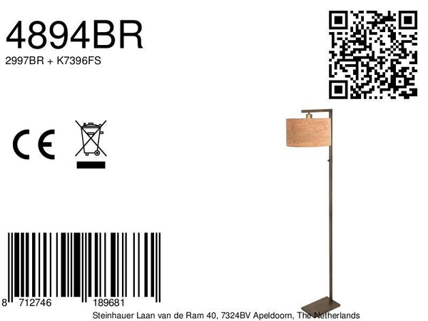 Bronzen vloerlamp stang 4894br met schakelaar en beige kurkstructuur kap
