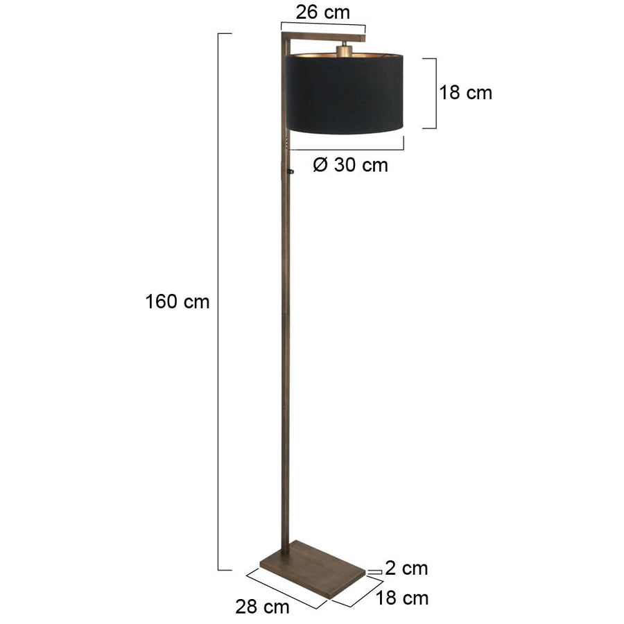 Bronzen vloerlamp stang 4895br met schakelaar en zwarte linnen kap