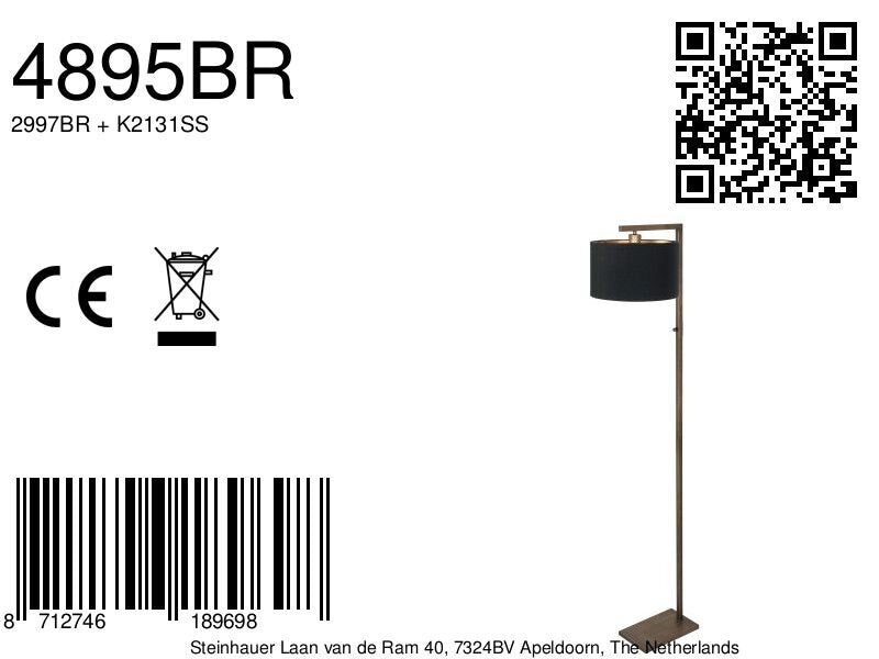 Bronzen vloerlamp stang 4895br met schakelaar en zwarte linnen kap