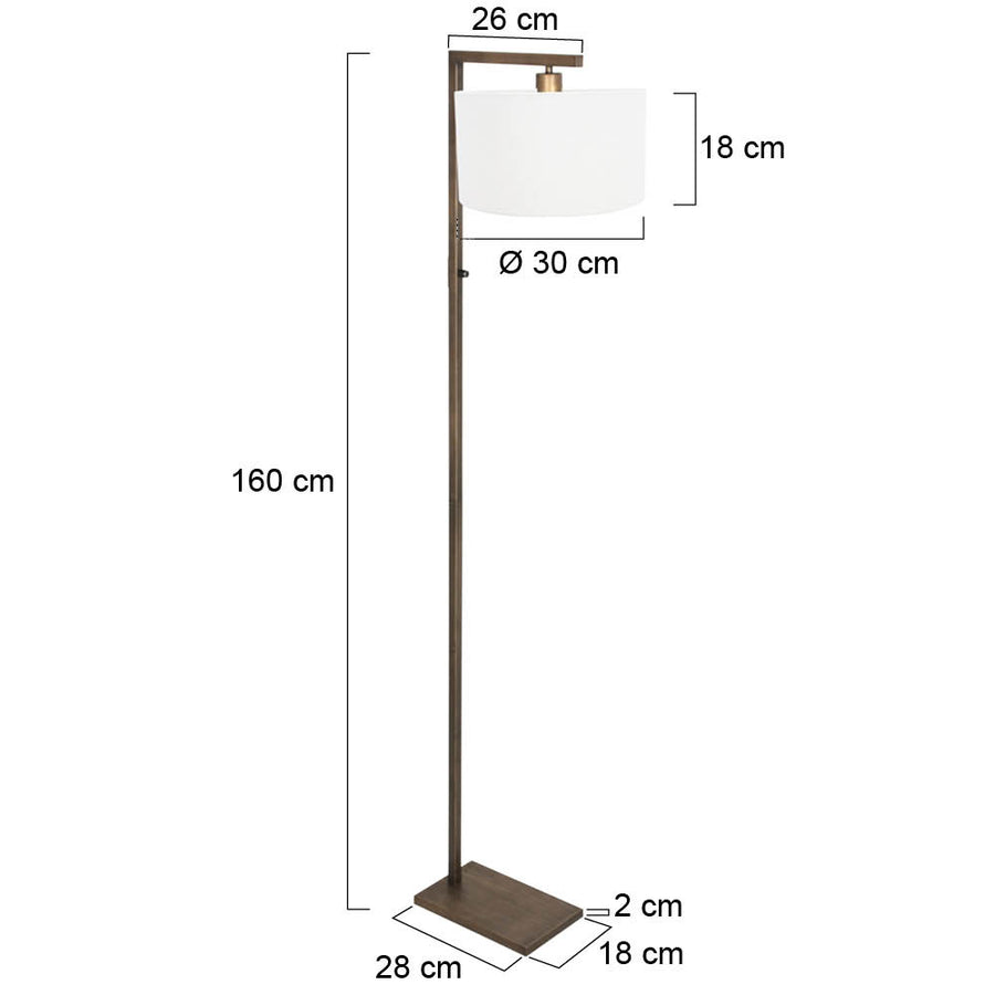 Bronzen vloerlamp stang 4896br met schakelaar en wit grof linnen kap