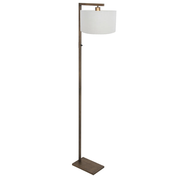 Bronzen vloerlamp stang 4896br met schakelaar en wit grof linnen kap