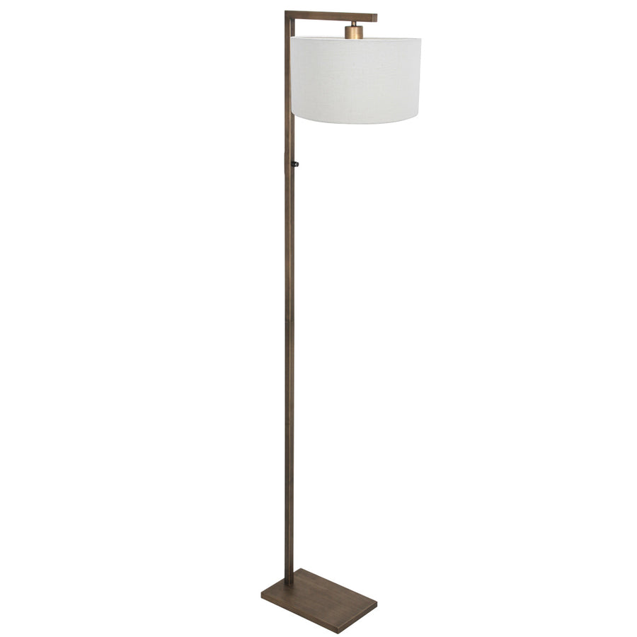 Bronzen vloerlamp stang 4896br met schakelaar en wit grof linnen kap