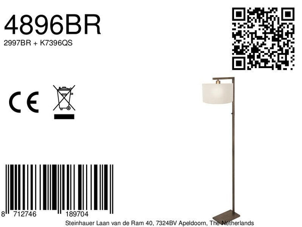 Bronzen vloerlamp stang 4896br met schakelaar en wit grof linnen kap
