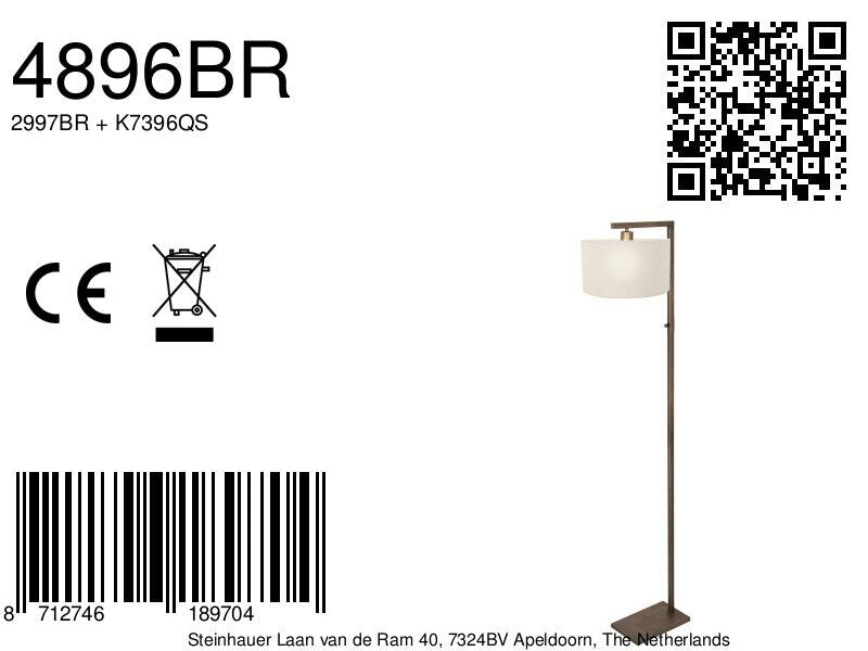 Bronzen vloerlamp stang 4896br met schakelaar en wit grof linnen kap