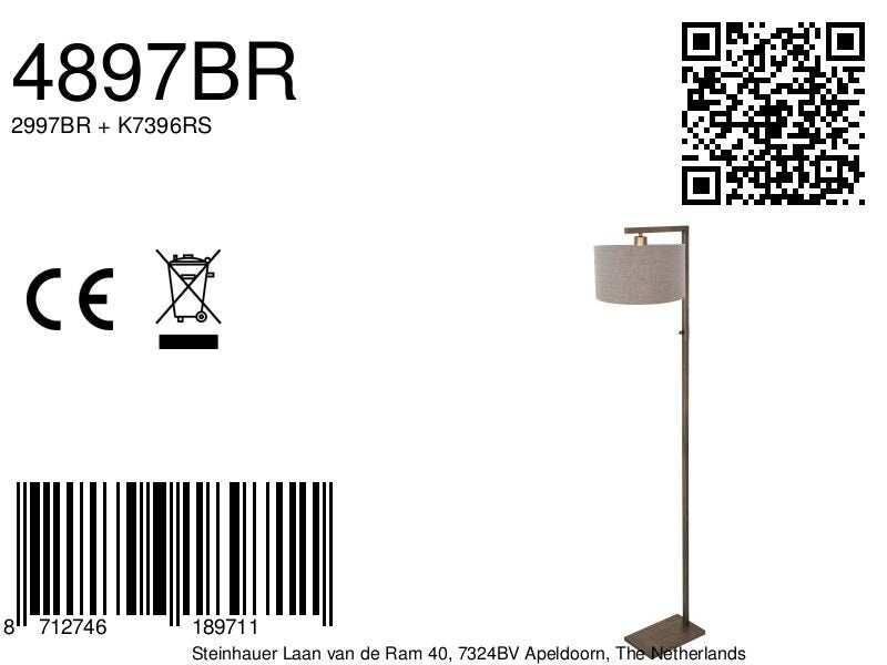 Bronzen vloerlamp stang 4897br met schakelaar en grof grijs linnen kap