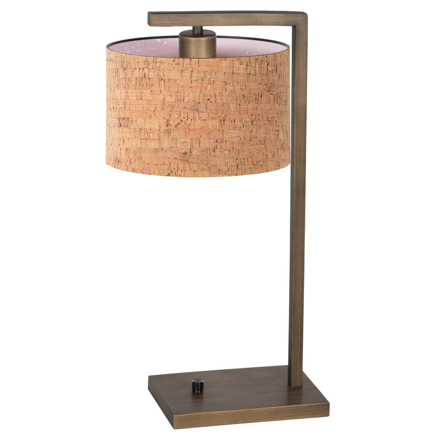 Bronzen tafellamp stang 4900br met beige kurkstructuur kap
