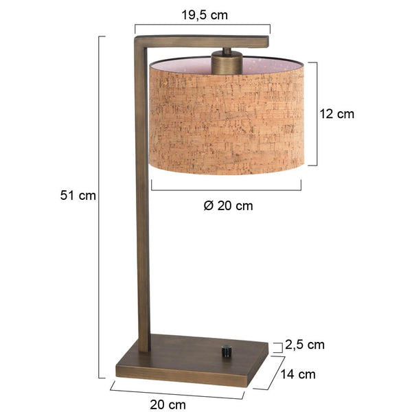 Bronzen tafellamp stang 4900br met beige kurkstructuur kap