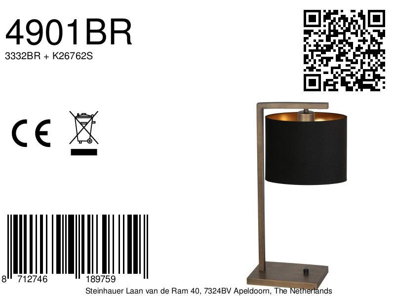 Bronzen tafellamp stang 4901br met zwarte linnen kap