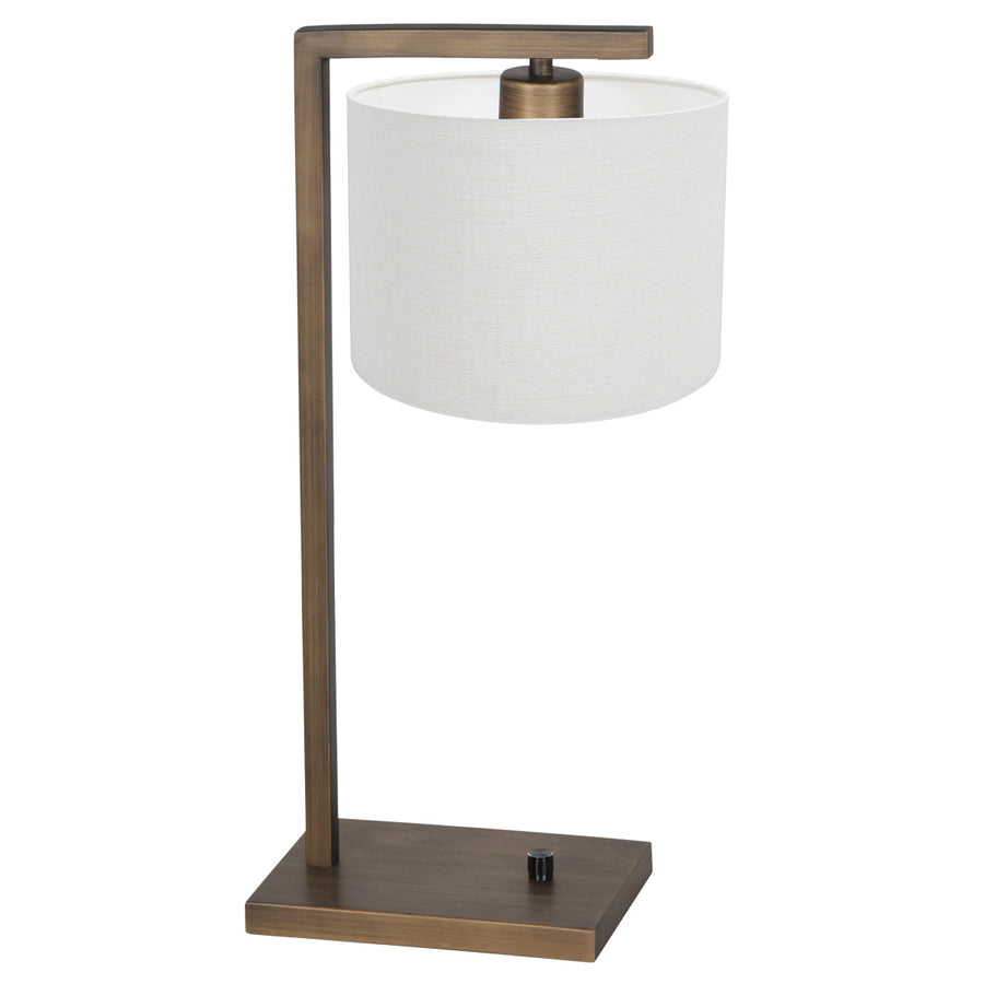Bronzen tafellamp stang 4902br met grof wit linnen kap