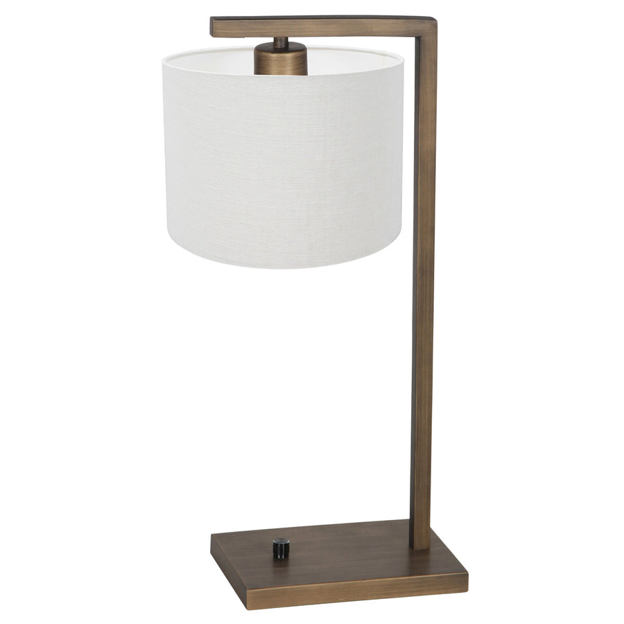 Bronzen tafellamp stang 4902br met grof wit linnen kap