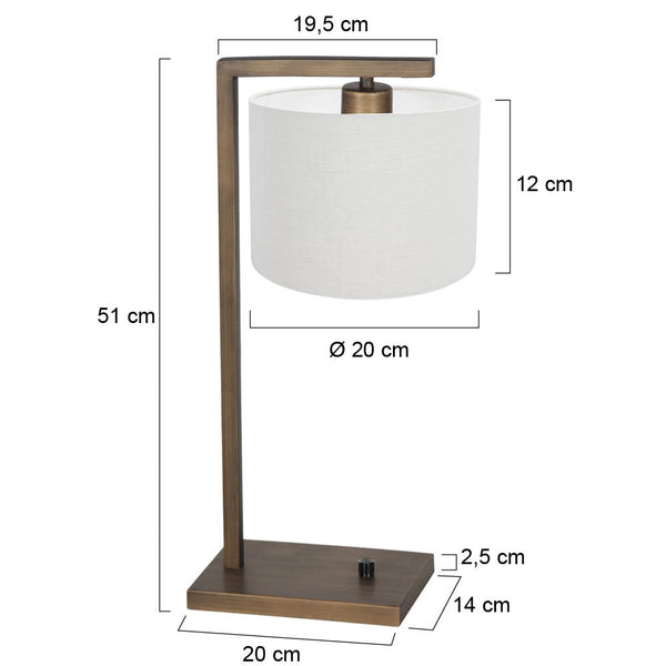 Bronzen tafellamp stang 4902br met grof wit linnen kap
