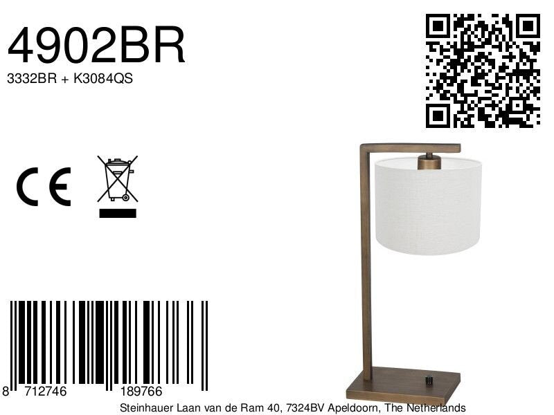Bronzen tafellamp stang 4902br met grof wit linnen kap