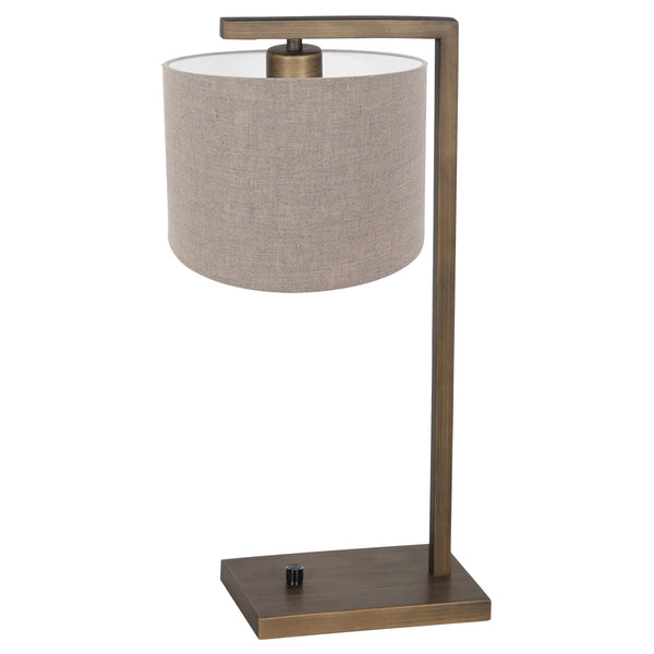 Bronzen tafellamp stang 4903br met grof grijze linnen kap