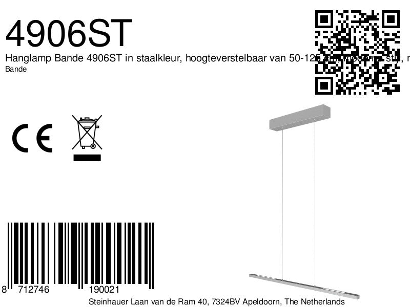 Bande 4906st staalkleurige hanglamp met cable lift