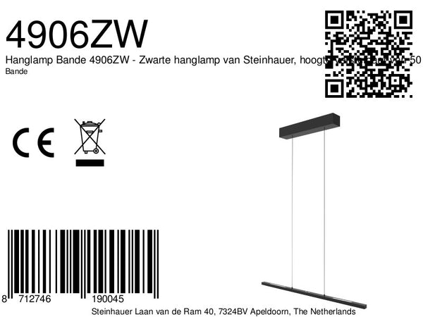 Bande 4906zw zwarte hanglamp met cable lift 80cm breed
