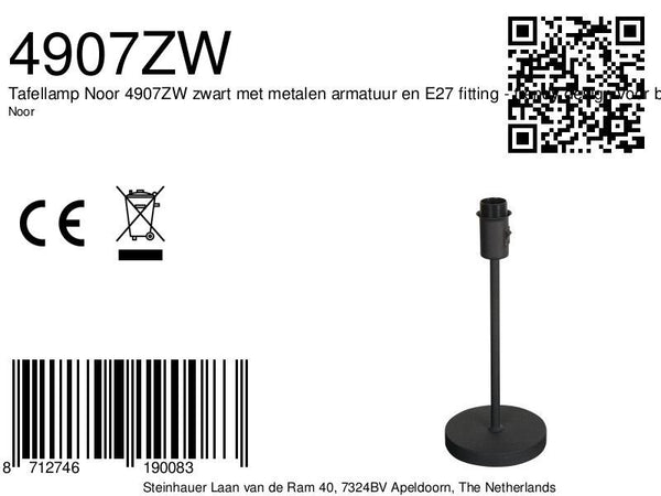 Tafellamp armatuur noor 4907zw zwart met een e27 fitting