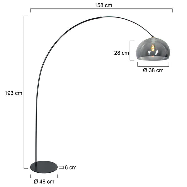 Vloerlamp curve 4908zw - zwarte booglamp met smoke bolkap