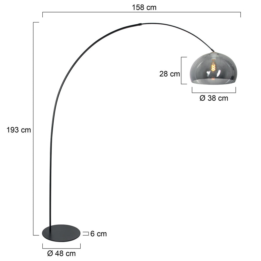 Vloerlamp curve 4908zw - zwarte booglamp met smoke bolkap